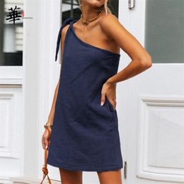 Sexy Summer Dress White One Shoulder Mini Dress Women Korean Fashion Clothing Sleeveless Casual Loose Dresses for Women Clothes 210409