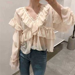Korean Ruffles Chic All Match Summer Loose Casual Tops V-Neck Sweet Clothe Fashion Women Solid Blouses 210525