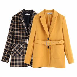 Women Autumn-Spring Casual Orange Long Blazer Chic Plaid Sleeve Single Breasted Jakcet With Belt Outwear 210421