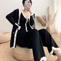 Autumn Women 3 Piece Set Korean Elegant Vest Top + Cardigan Wide-Leg Pants Suit Knit Casual Sweater Outfit For 210514