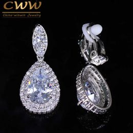 High Quality Women Party Jewelry Silver Color Water Drop Cubic Zirconia Clip On Earrings No Pierced Ear CZ155 210714