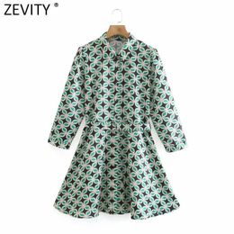 Zevity Women Vintage Floral Geometric Print Sashes Shirtwaist Dress Female Chic Breasted Casual Kimono Mini Vestido DS8167 210603