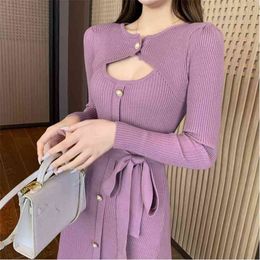 High Quality Knitted Sweater Dress Autumn Fashion Button Long Sleeve Women Korean Casual Party Robe Vestidos 210514