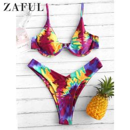 Bikini Tie Dye Underwire High Leg Set Spaghetti Straps Swimsuit Aesthetic Sexy Bathing Suit Women Swimwear 210722