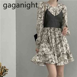 Two Pieces Set Women Long Sleeve Floral Printed Mini Chiffon Dress+Black PU Leather Camisole Loose Ladies Dresses 210601