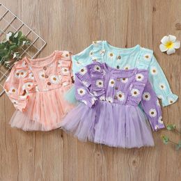 kids clothes girls ruffle Sleeve Floral daisy dress infant lace Net yarn chrysanthemum princess Dresses summer Spring Autumn fashion Boutique baby Clothing