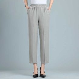 Women Harem Pants Solid Color Thin Elastic Waist Straight Pants Loose Elastic Waist Ankle-Length Trousers White Q0801