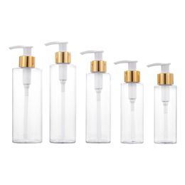 Refillable Plastic Bottle Transparent Circular Column Shape PET Gold Collar White Lotion Press Pump Empty Cosmetic Packing Container 100ml 120ml 150ml 200ml 250ml