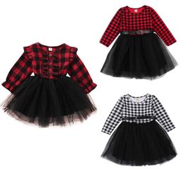 FOCUSNORM Christmas 1-6Y Kids Girls Lace Tutu Dress Long Sleeve Plaid Print Patchwork Knee Length Party Dress Q0716