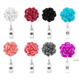 Retractable Badge Holder with Alligator Clip Flower Shaped AB Rhinestones 24 inch Retractable Cord ID Badges Reel ZZB12559