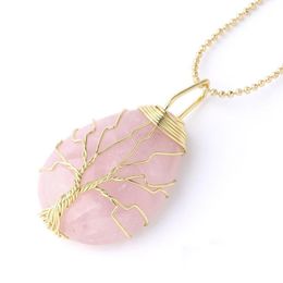 2022 NEW Natural Gemstone Crystal Pendant Necklaces for Men Women Rose Quartz Tiger Eye Opal Tree of Life Pendants with Gold Silver