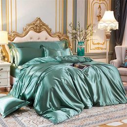 Soft Smooth Satin Bedding Set Home Textile Twin Queen King Size Duvet Cover Bed Set Pillowcases Set Flat Bed Sheet Bed Clothes 211007