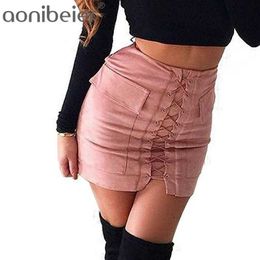 Women Autumn Lace up Pencil Skirt Winter Fashion Cross High Waist Split Bodycon Short Mini Skirts Above Knee 210604