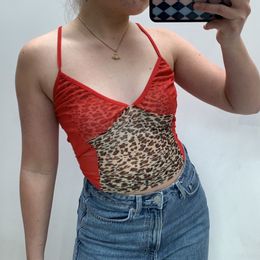 Mesh Splicing Camisole Women y2k top Leopard Print Suspenders Tank Tops Deep V Neck Clubwear Streetwear Sleep Tops X0507