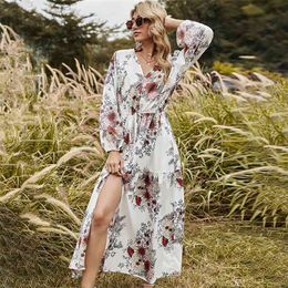 Boho high waist flower printed ladies dress Elegant a-line Print Spring summer floral long for women vestido Full 210508