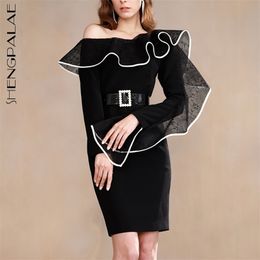 elegant lace derss women's summer diagonal collar slim long sleeve sexy mini dresses female tide 5C963 210427