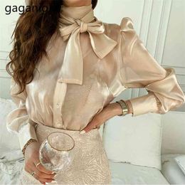 Spring Korean Ins French Elegant Fashion Blouses Tops For Women Casual Solid Bow Collar Puff Sleeve Shirts Ladies 210601