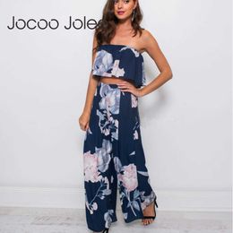 Jocoo Jolee Elegant Floral Prink Jumpsuit Off-Shoulder Elastic Bandage Pants Streetwear backless Side Split Pants 2Pcs 210619