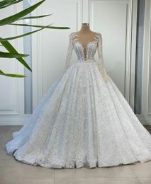 Gorgeous Princess Ball Gown Wedding Dresses Beading Sequins V Neck Long Sleeve Bridal Gowns Illusion 3D Lace Appliques Bride Dress