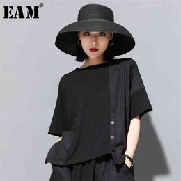 [EAM] Spring Summer Round Neck Half Sleeve Black Button Split Joint Loose Big Size T-shirt Women Fashion JX500 210720