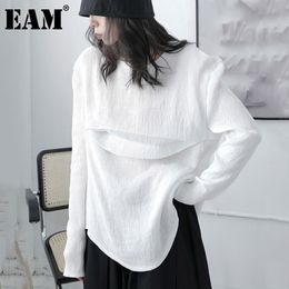 [EAM] Women White Big Size Irregular Casual Loose T-shirt Round Neck Long Sleeve Fashion Spring Summer 1DD7177 21512