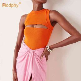 Orange Elegant Hollow Out bandage Bodysuit summer Sexy Solid Colour Shorts Romper Lady Fashion Pullover Tops 210527