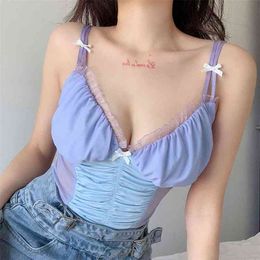 Summer Patchwork Mesh Sexy Crop Top T Shirt Ladies Backless Milkmaid Sleeveless Top Women V Neck Frill Tshirt Party 210518