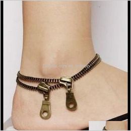 Anklets Jewelryanklets Women Vintage Bronze Plated 2-Layer Zipper Style Fashion Foot Jewellery Wholesale Drop Delivery 2021 O4Dhe