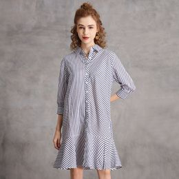 Johnature Women Spring Casual Shirt Dresses Striped Button Loose Female Cotton Soft Clothes Turn down Collar Dresses 210521