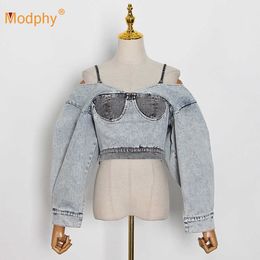 Autumn Suspenders Fake Two-Piece Denim Short Jacket Sexy Off-Shoulder Long-Sleeved Stitching Celebrity Party 210527