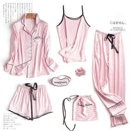 JULY'S SONG Pink 7 Piece's Pajamas Sets Faux Silk Striped Pyjama Sleepwear Spring Summer Homewear 211215