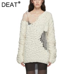 DEAT broken round neck full sleeves knitting pullover loose female top autumn and spring fashion women knits WO52700L 210805