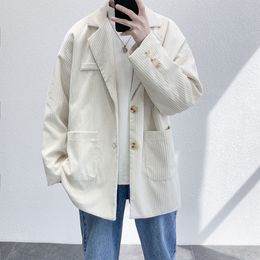 Men's Long-sleeved Suit Jackets White Color Coats Fitted Cotton Clothes Casual Blazers Corduroy Fabric Outerwear S-XL 210524