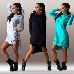Women Solid Colour Hooded Dress Spring Hoodies Long Sleeve Casual Front Pocket College Style Sexy Girl Side Split Irregular 210517