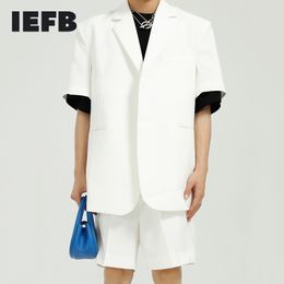 IEFB Summer Simple Solid Colour Men's Trend Short Sleeve Blazer + Loose Straight Casual Suit Shorts Two Pieces Set Y7352 210524