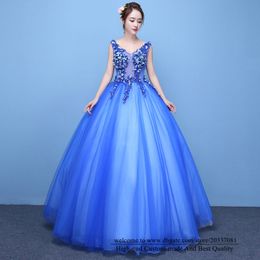 Quinceanera Dresses 2021 Sexy V-Neck Blue Princess Flowers Party Prom Formal Lace Up Tulle Ball Gown Vestidos De 15 Anos Q48