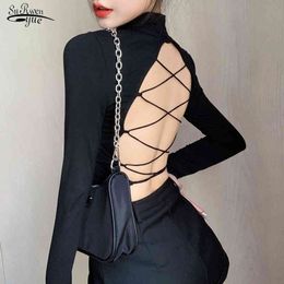 Spring Summer Tops Shirts Long Sleeve Cotton Casual Solid Women Blouses Cross Bandage Backless Sexy Corset Top 12849 210508