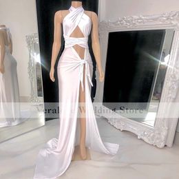 2021 Sexy White Evening Dress Mermaid Split Halter Neck Pageant Cocktail Event Prom Party Gowns