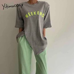 Yitimuceng Letter Print T Shirts Woman Split fork Oversize Tees Unicolor Grey Black Tops Summer Fashion Casual Tshirts 210601