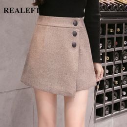 Woolen Shorts Skirts Autumn Winter Sexy Mini Skirt Button Solid Vintage Irregular High Waist Wrap Female 210428