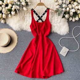 summer red dress for womens sexy V-neck cross halter waist slim A-Line suspender strap vestidos 210420