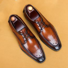 Men Original Leather Polished Designer Brand Brogues Dress Carved Suit Genuine Leather Brown Laces Wedding Shoes 2021
