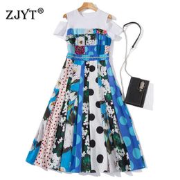 Fashion Off The Shoulder T-Shirt Patchwork Runway Print Summer Women's Dress Short Sleeve Midi Casual Holiday Vestidos 210601