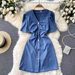 Korean Fashion Women Summer Dress Solid V-neck Puff Short Sleeve Buttons Decoration Slim A-line Casual Female Mini Robe 210603