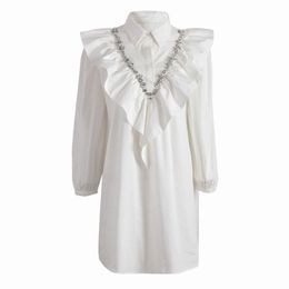 Women White Patchwork Ruffles Chain Single Breasted Dress Ruffled Long Sleeve Loose Fit Fashion Tide Summer 7E0888 210421