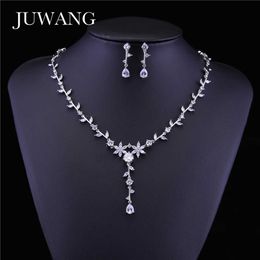 JUWANG Brand Clear Flower Crystal Jewellery Set for Woman Cubic Zirconia Women Jewellery Sets Earring Necklace Set Dress Accessories H1022