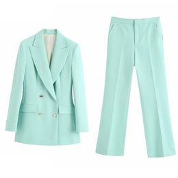 Women's Solid Colour Double-breasted Blazer+high Waist Wide Leg Suit Pants Set Fall Clothes for Women Two Piece Set Women Tops 210422