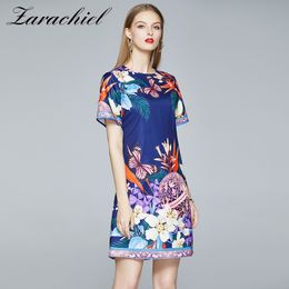 Summer Elegant Butterfly Jungle Flower Print Women Short Sleeve O-Neck Mini Party Dress Female Loose Vintage Dresses 210416