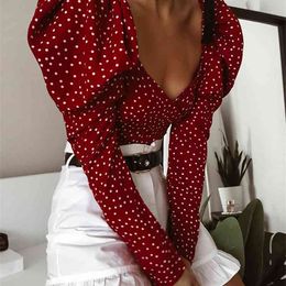 OOTN Vintage Polka Dot Women Puff Long Sleeve Wrap Top Elegant Lace Up Red Crop Blouse Sexy Backless Chic Female Shirts 210719