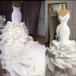 2021 Elegant Mermaid Wedding Dresses Formal Bridal Gowns Sweetheart Pleat Ruffles Tiered Skirt Organza Plus Size Custom Chapel Train vestido de novia